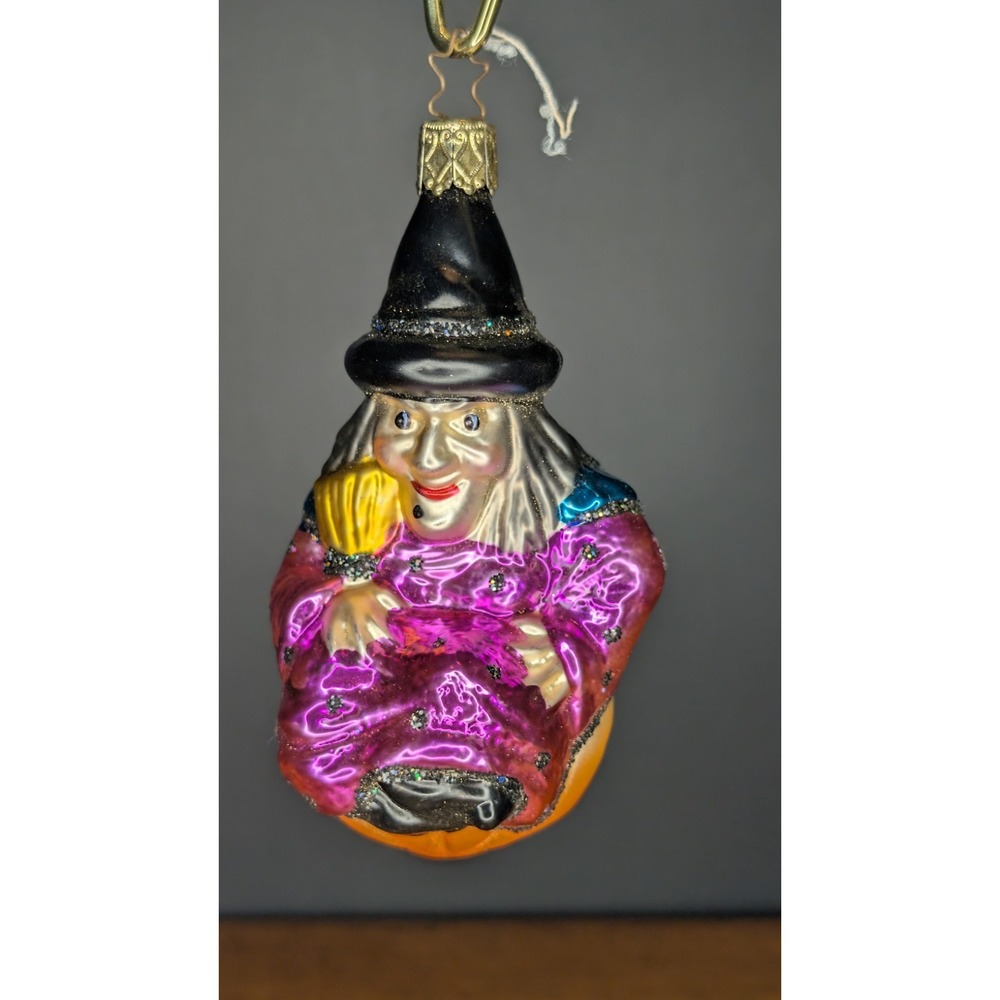 Vintage Inge Glas  witch glass ornament pumpkin Germany glitter Halloween
